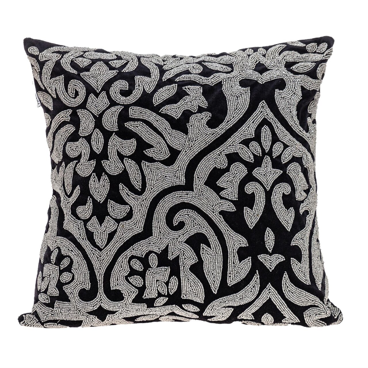 Nassau Collection 18" Black and Silver Transitional Damask Beaded Throw Pillow